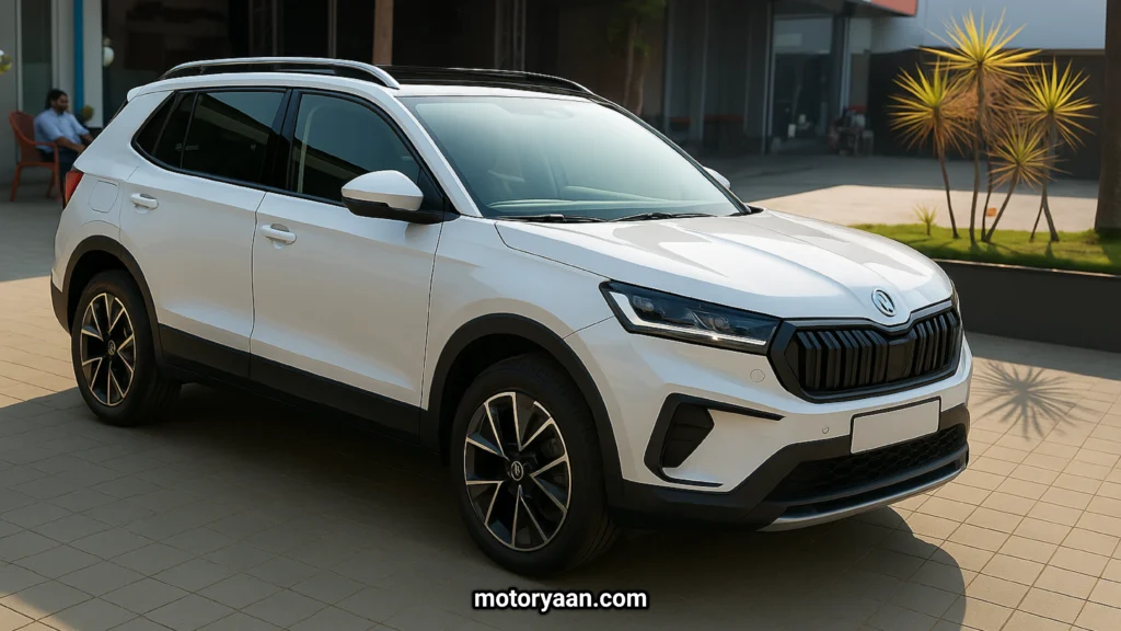 2025 Skoda Kushaq Facelift front and side profile with new LED headlamps, sharp grille, and bold SUV stance