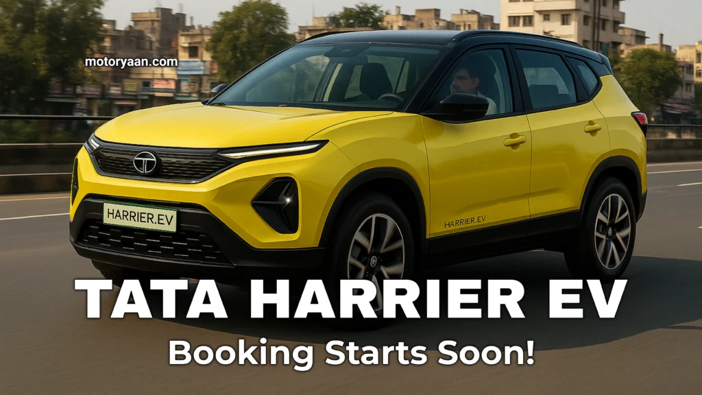 Front and side view of the Tata Harrier EV in an urban Indian setting