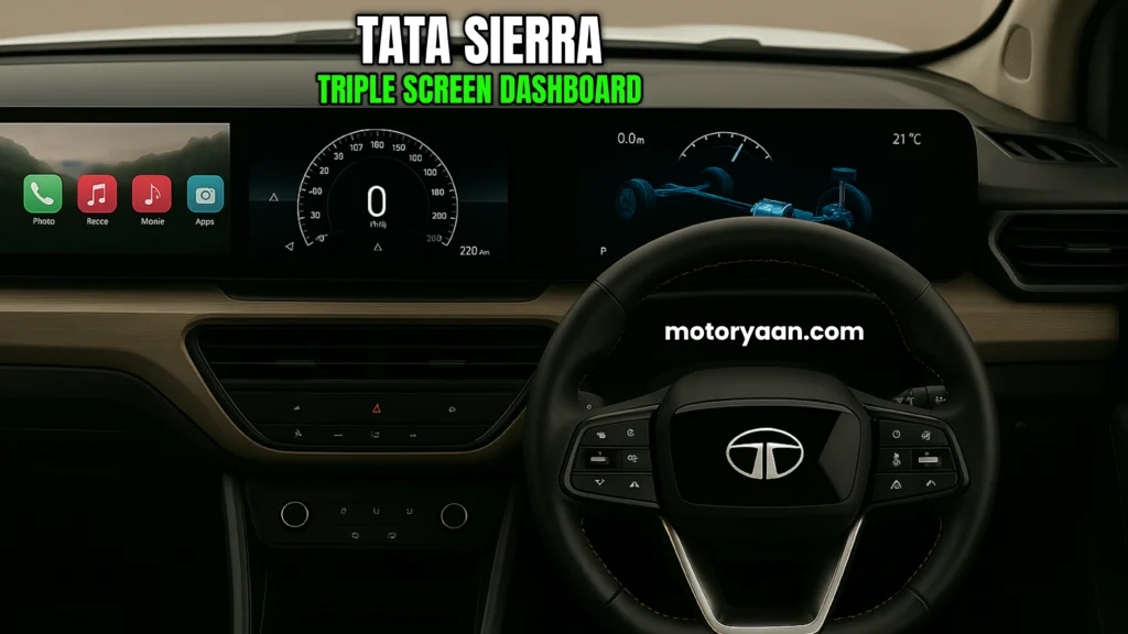 Tata Sierra interior showcasing triple screen dashboard with digital driver display, infotainment, and passenger screen