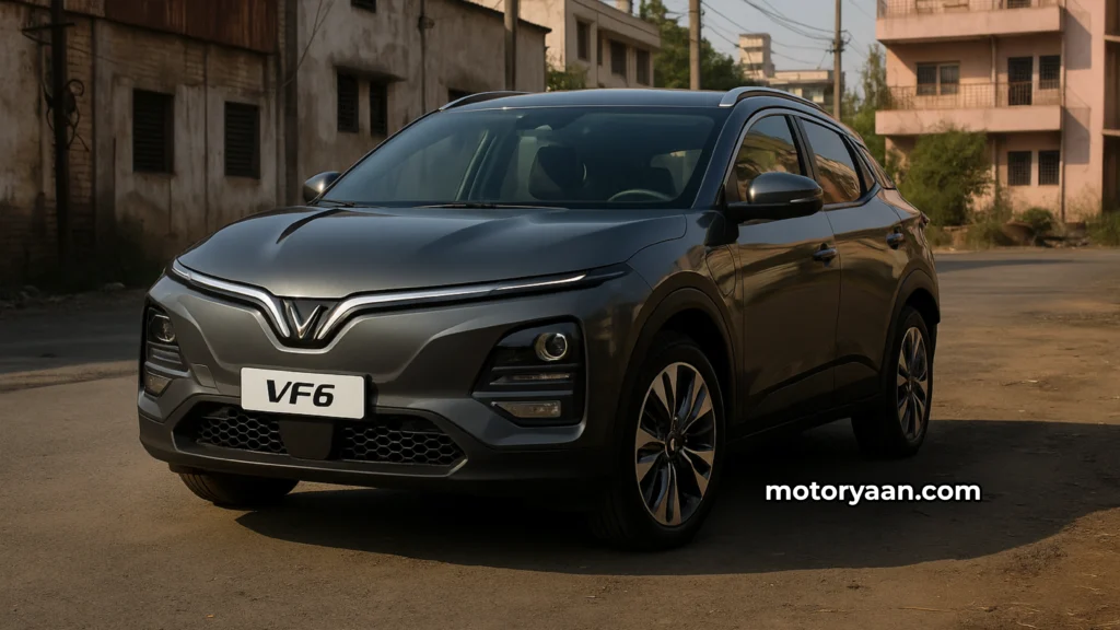 VinFast VF6 electric SUV front and side profile with sharp LED headlights and dynamic body lines