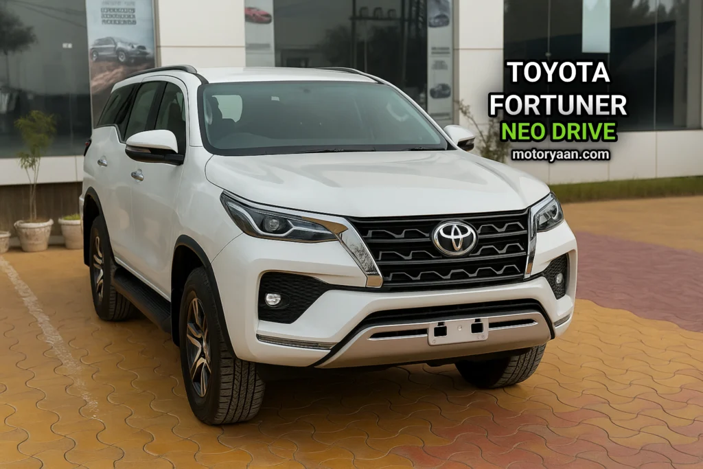 Front and side view of Toyota Fortuner Neo Drive showcasing its bold road presence and design.