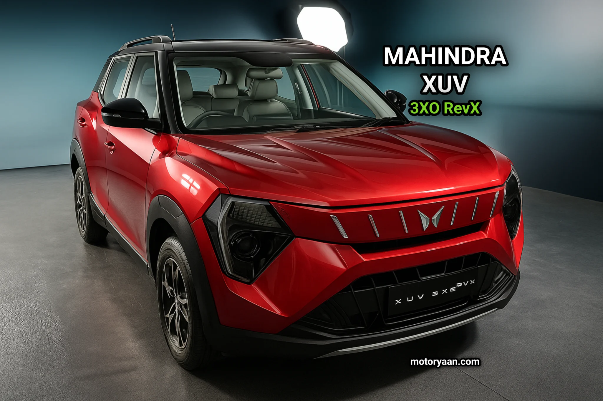 Mahindra XUV 3XO RevX showcasing its stylish front and side profile in dual-tone color
