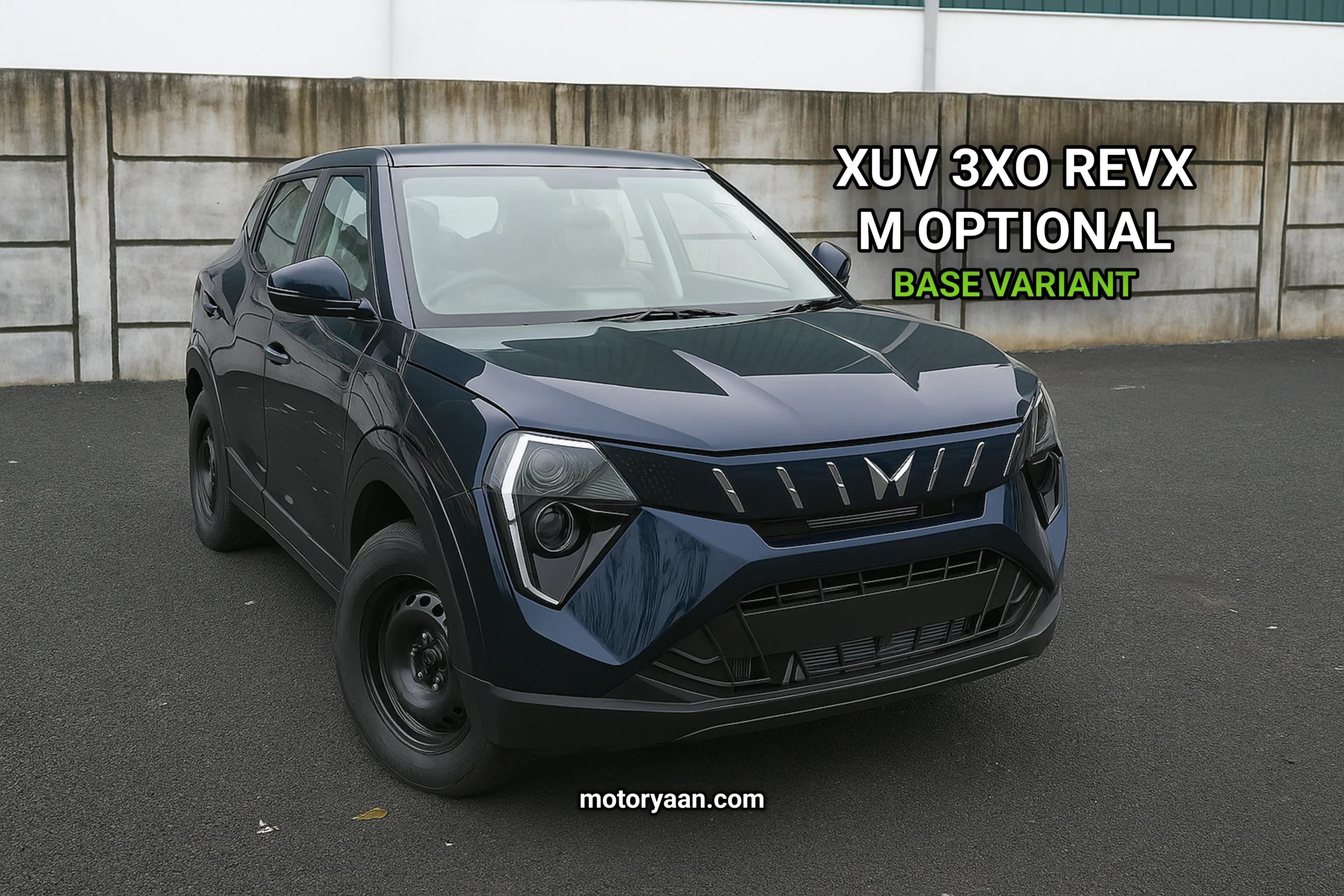 Front and side profile of the 2025 Mahindra XUV 3XO REVX M Optional showcasing its bold SUV stance.