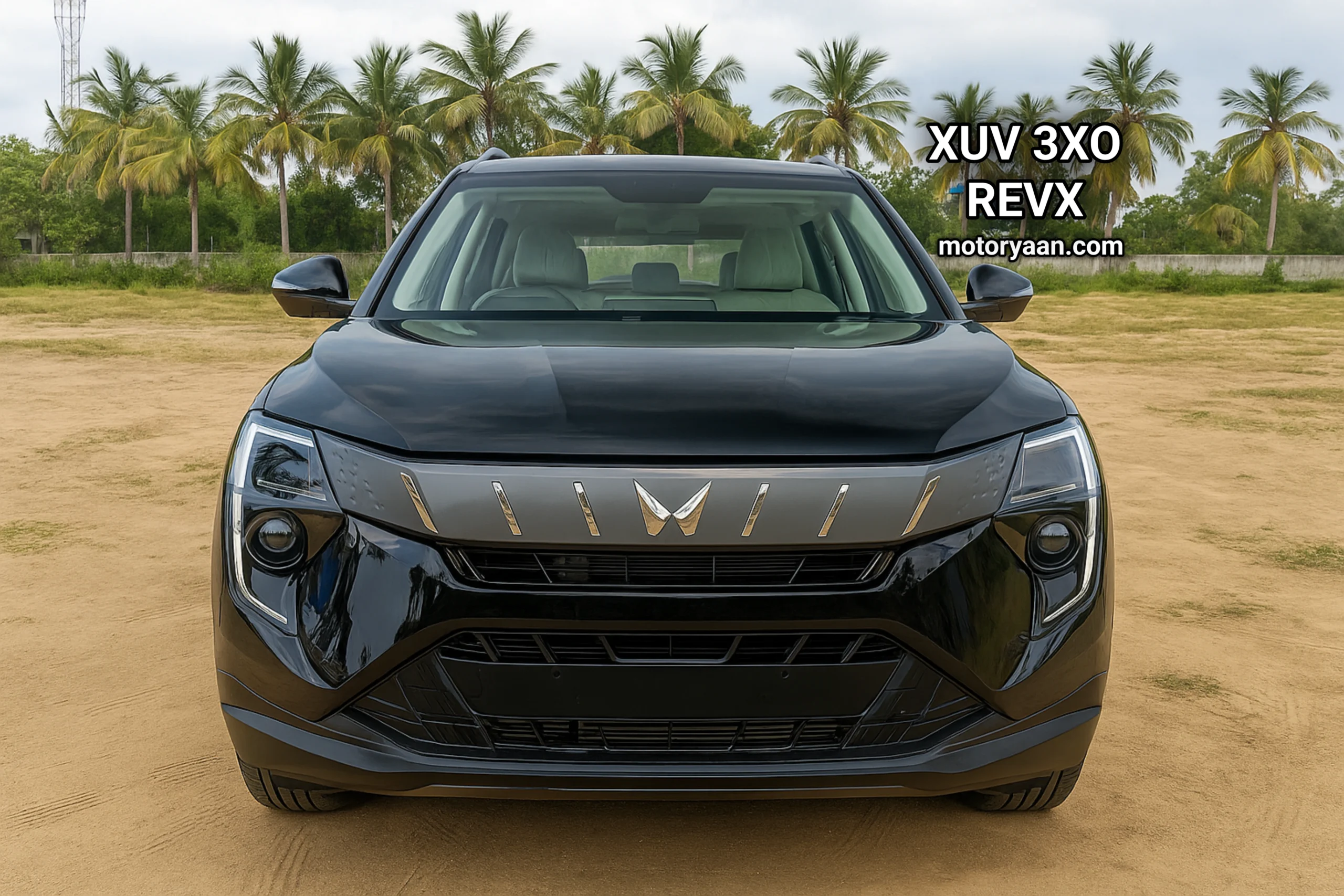 Front profile of 2025 Mahindra XUV 3XO REVX showcasing bold SUV design