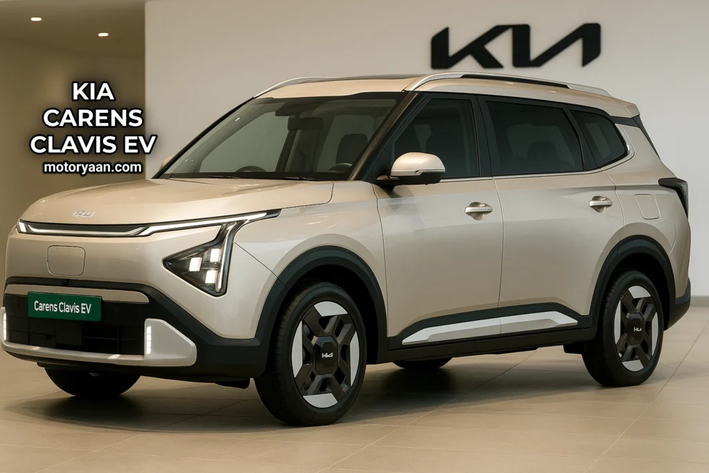 Kia Carens Clavis EV front and side profile view showcasing the sleek aerodynamic design and closed grille