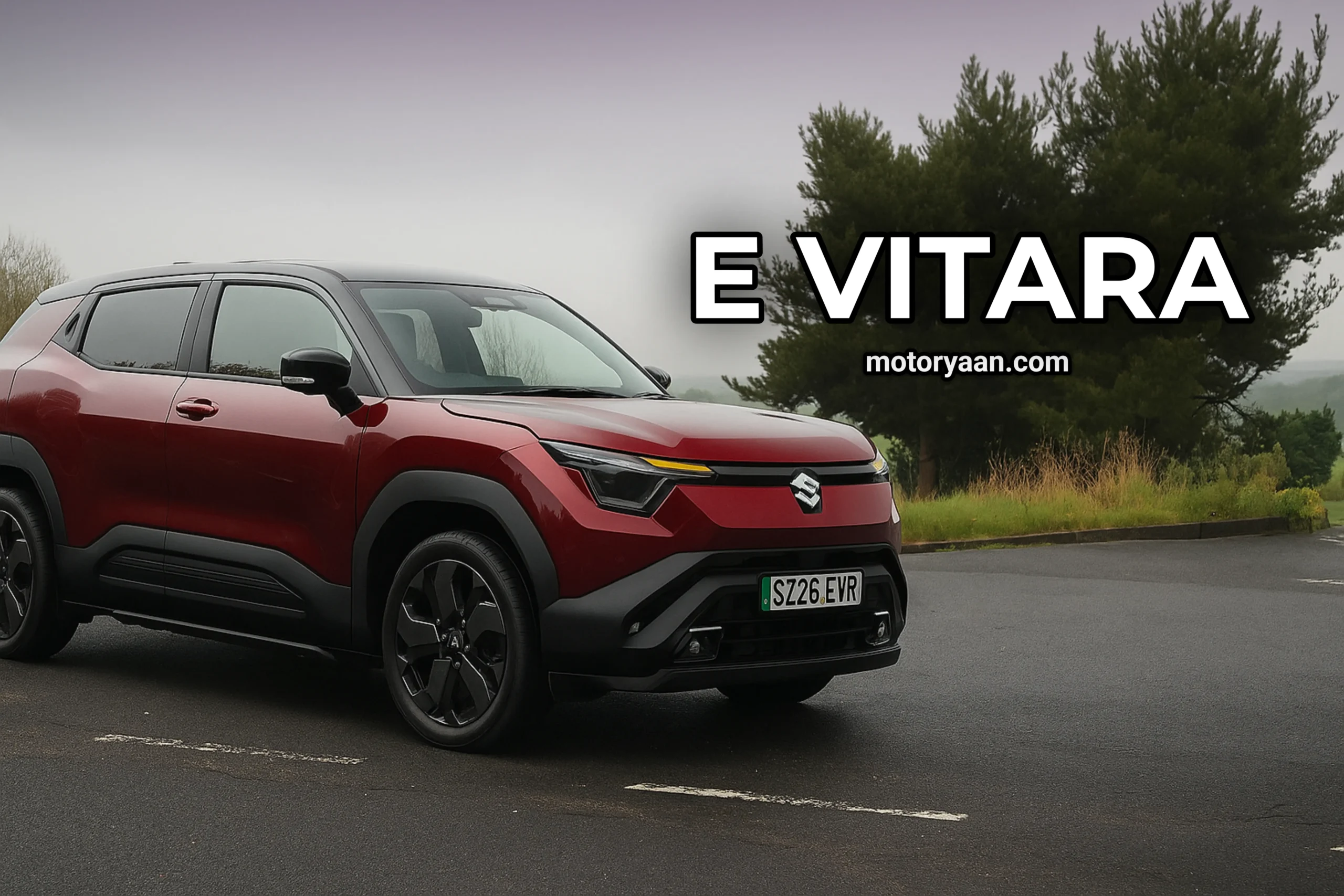 Suzuki eVitara front and side profile during test drive on busy road