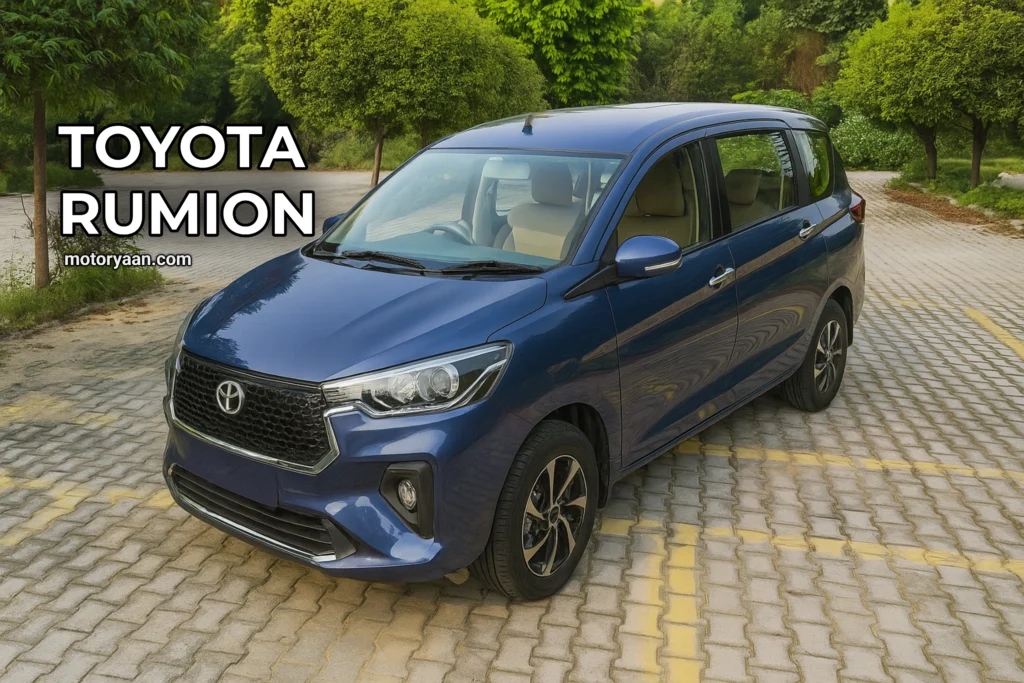 Front and side view of Toyota Rumion 2025 with projector headlamps and alloy wheels
