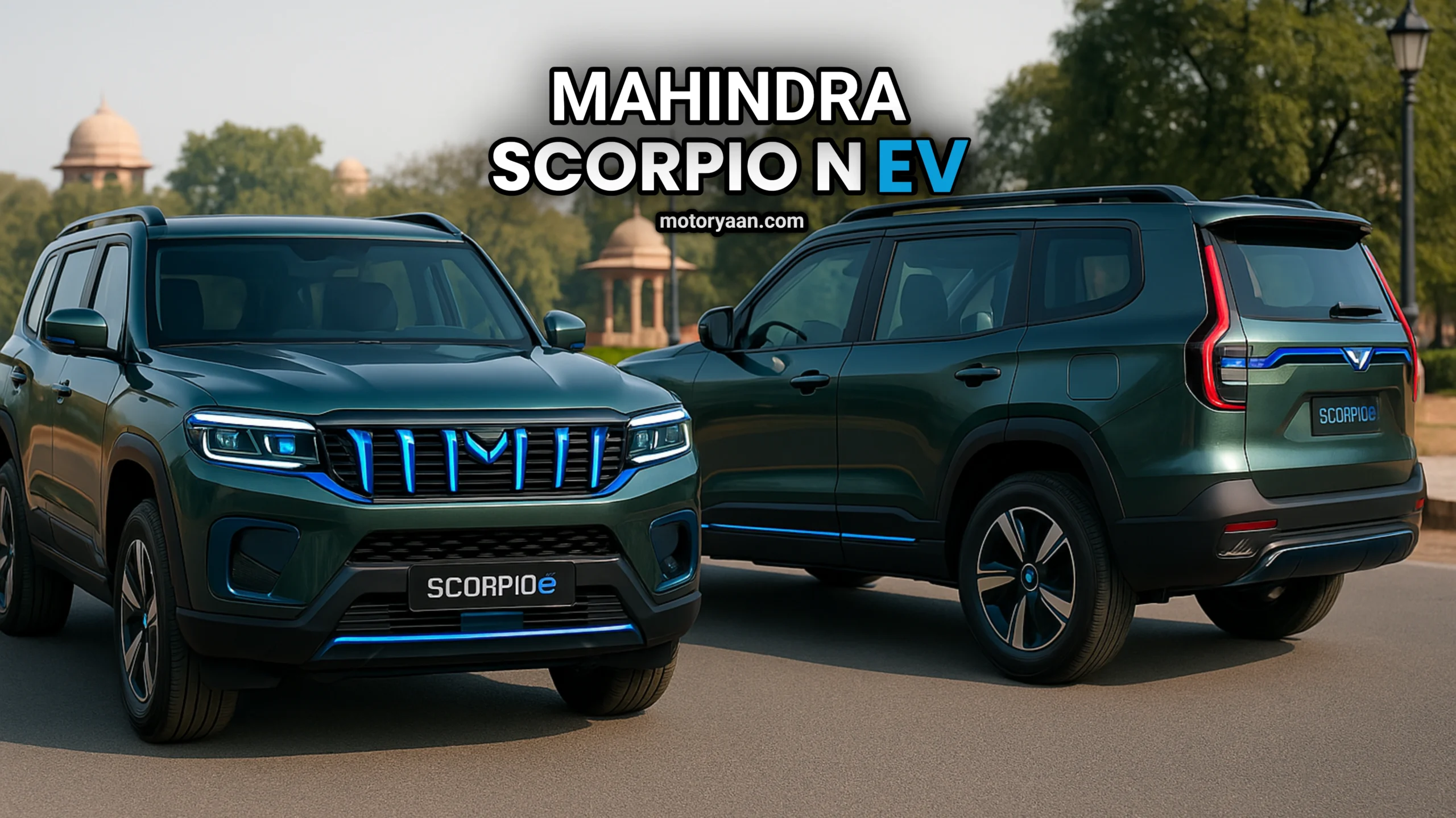 AI-generated preview of Mahindra Scorpio N EV showing front, side, and rear profiles.