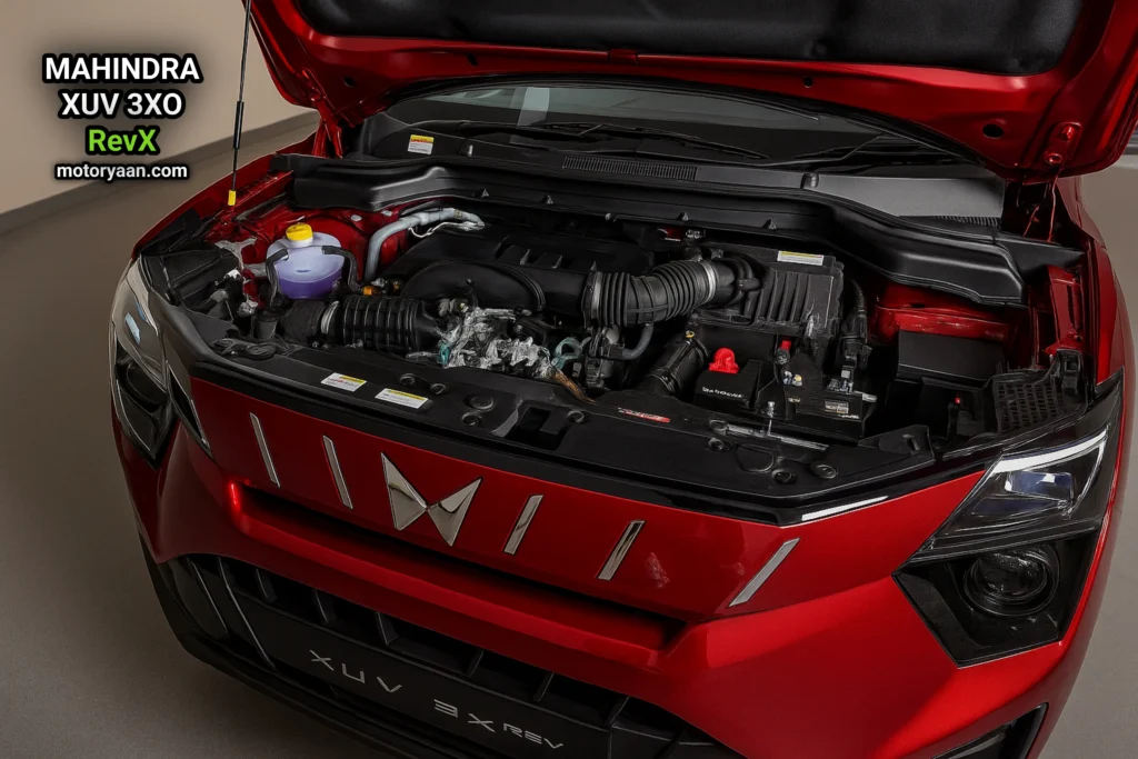 Engine bay of Mahindra XUV 3XO RevX with bonnet open