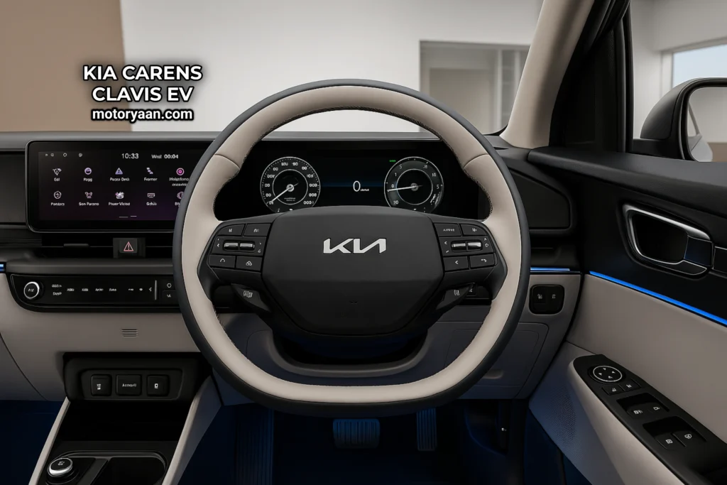 Kia Carens Clavis EV Variants dashboard with steering and infotainment
