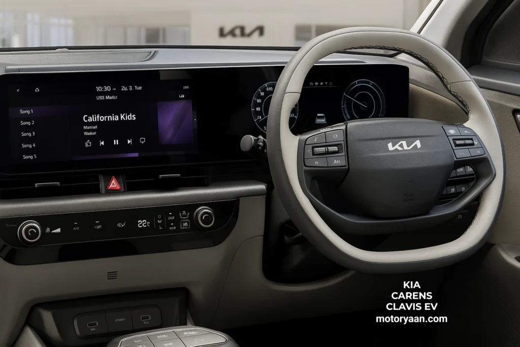 Kia Carens Clavis EV Variants steering, infotainment, and instrument cluster