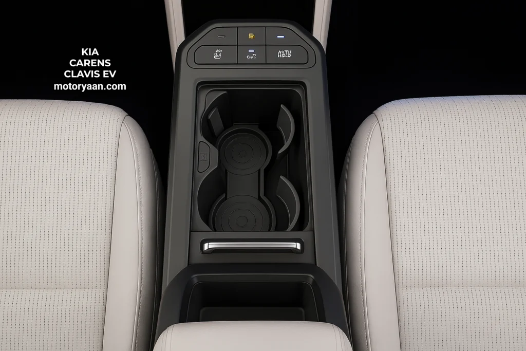 Kia Carens Clavis EV Variants center console with buttons and cup holders