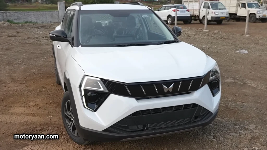 Front view of the Mahindra XUV-3XO SUV featuring LED DRLs and bold grille.