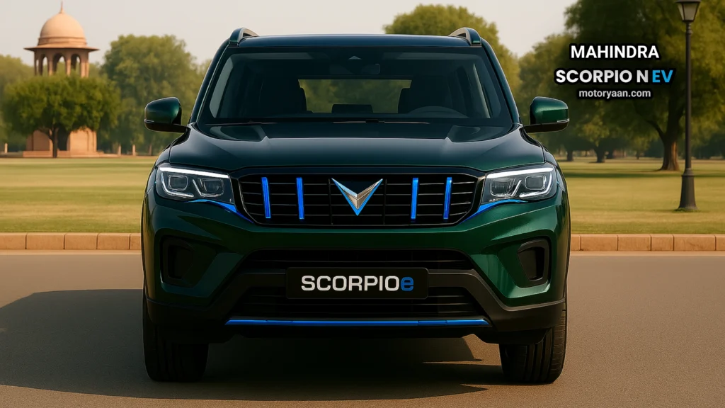 AI-rendered front view of Mahindra Scorpio N EV with closed grille and sharp LED lights.