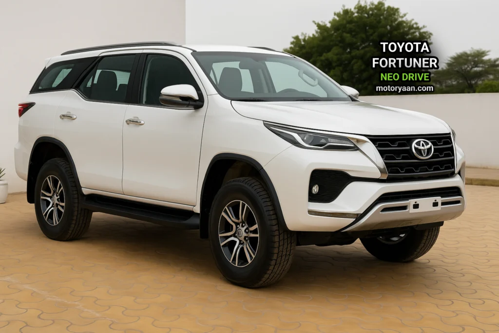 Toyota Fortuner Neo Drive front side view with diamond-cut alloy wheels.