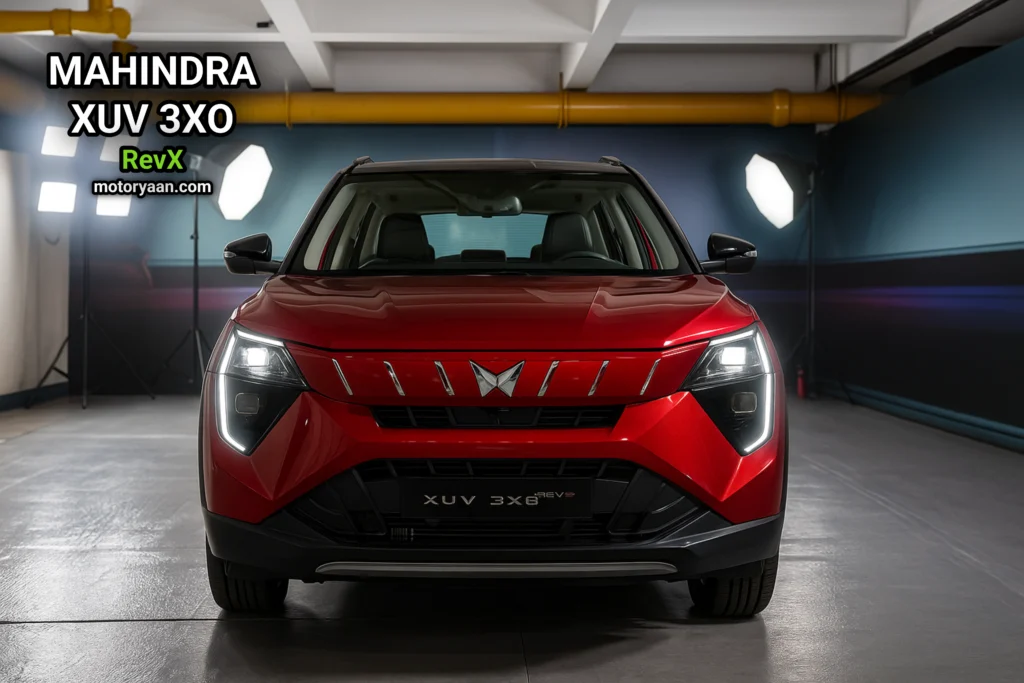 Mahindra XUV 3XO RevX front profile with LED headlights and blacked-out grille