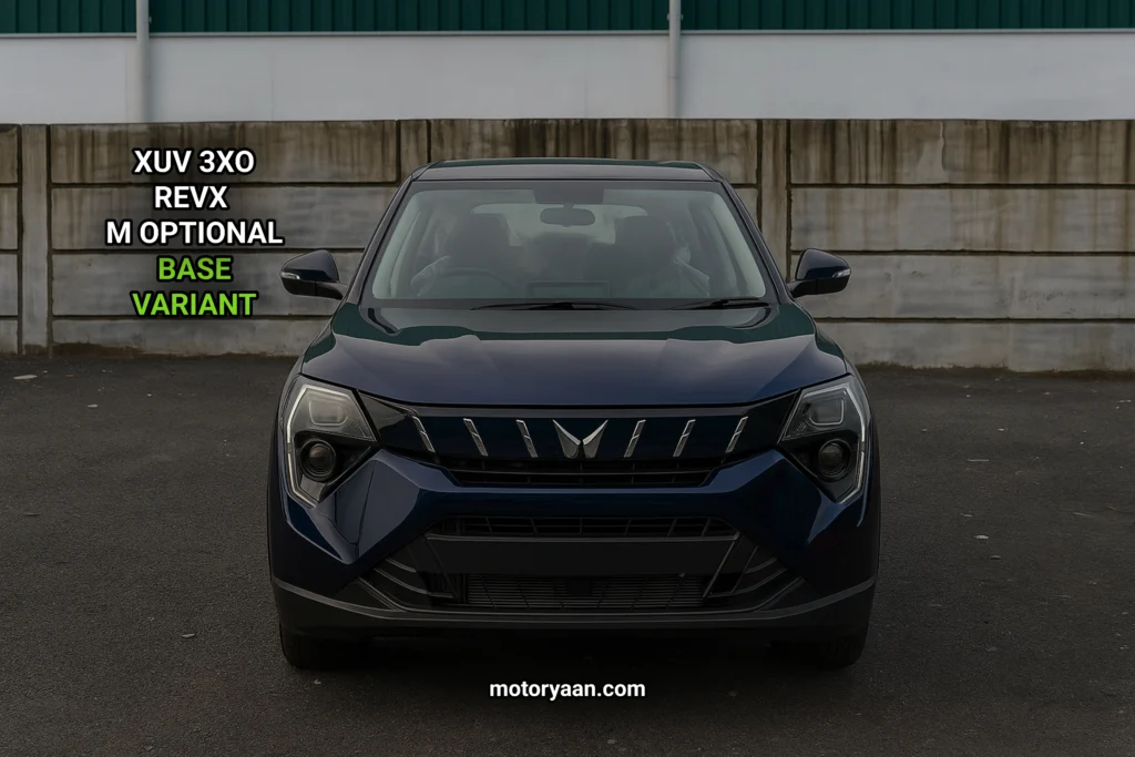 Front view of the 2025 Mahindra XUV 3XO REVX M Optional with projector headlamps and chrome grille.