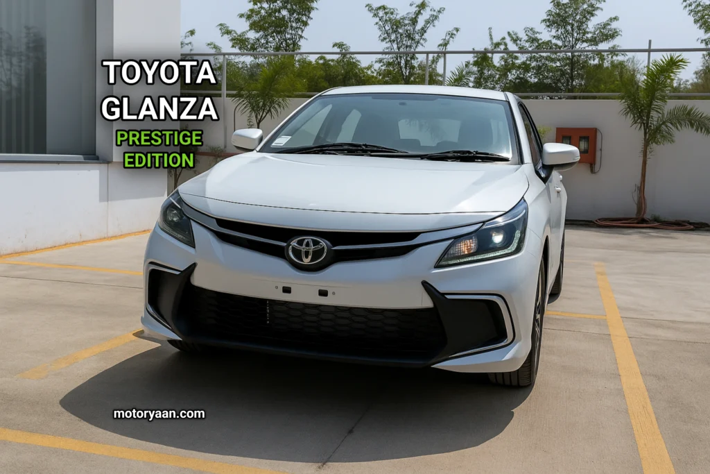 Toyota Glanza Prestige Edition front profile with LED DRLs and gril