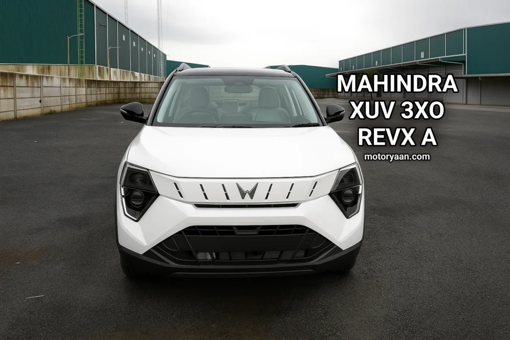 Front view of Mahindra XUV300 REVX-A with LED DRLs and wide grille