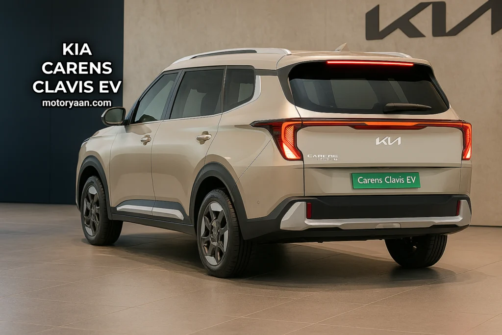 Kia Carens Clavis EV side and rear profile view highlighting the connected LED tail lamps and tall stance