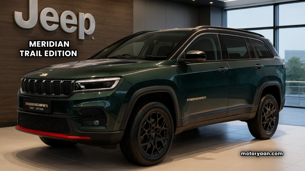 Jeep Meridian Trail Edition front and side profile with red accents and gloss black roof