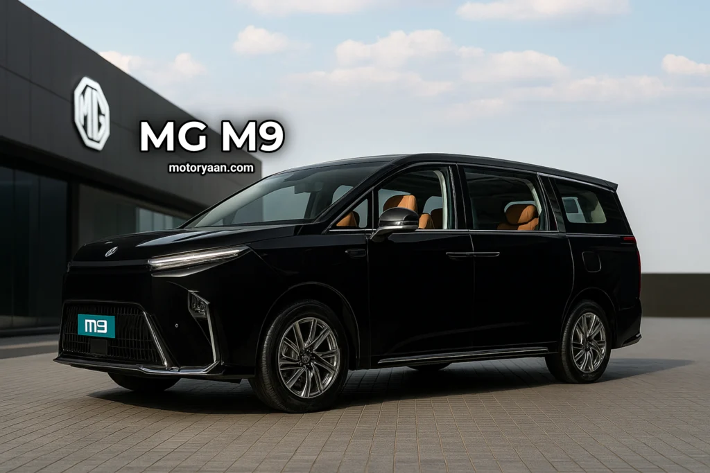 MG M9 EV front and side profile at dealership launch