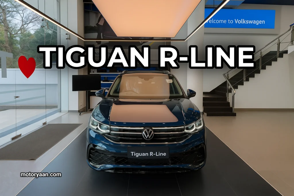 Volkswagen Tiguan R-Line front profile showcasing LED headlamps and bold grille