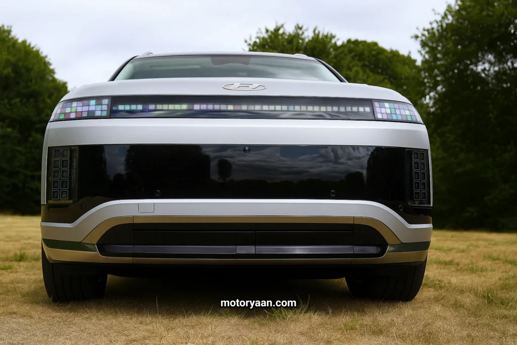 Hyundai Ioniq 9 front profile with LED headlights and geometric DRLs