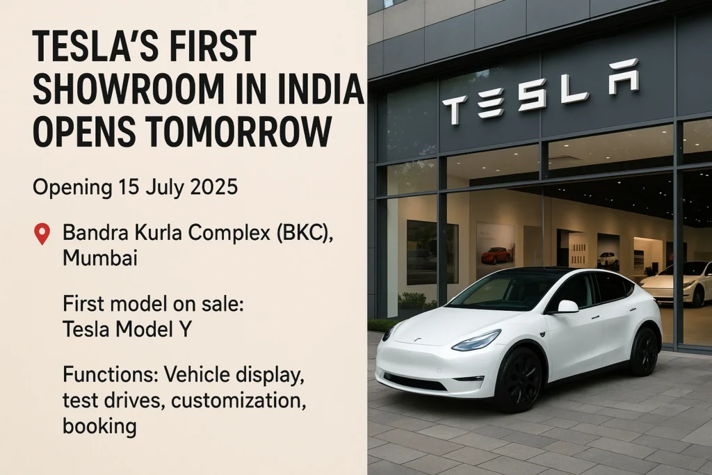 tesla first showroom in india exterior view at bandra kurla complex mumbai