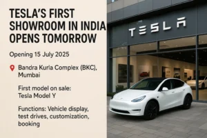 tesla first showroom in india exterior view at bandra kurla complex mumbai