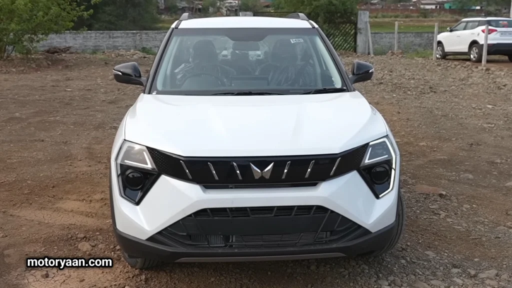 Front view of the Mahindra XUV-3XO SUV featuring LED DRLs and bold grille.