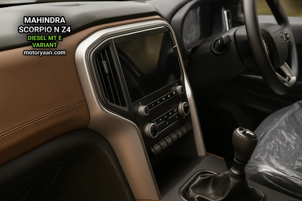 Mahindra Scorpio-N Z4 Diesel MT E dashboard with infotainment, gear knob, and AC controls