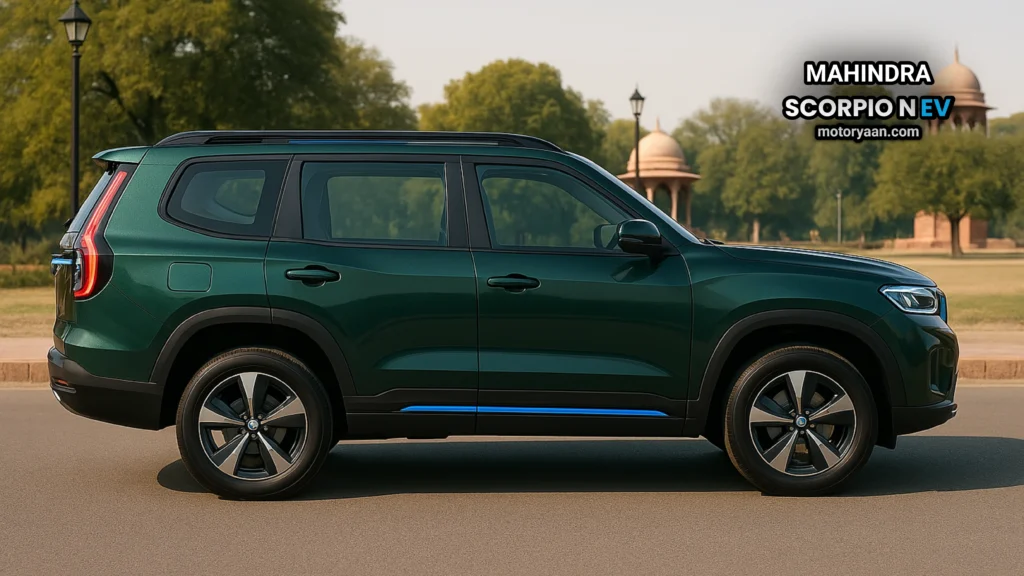 AI-generated side profile of the Scorpio N EV showing muscular wheel arches and EV styling.