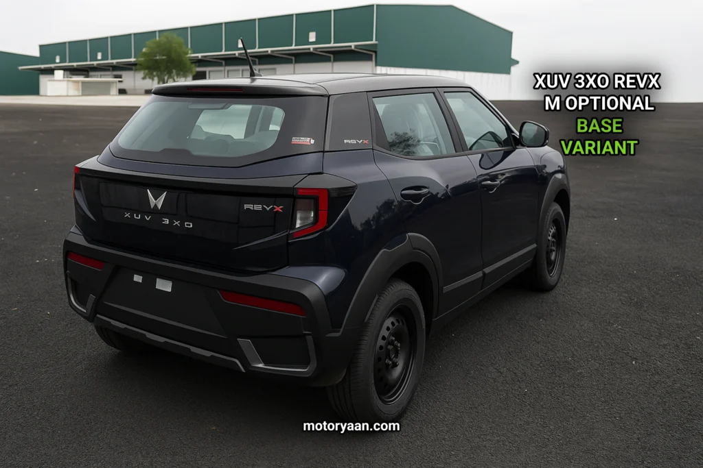 Side and rear view of the 2025 Mahindra XUV 3XO REVX M Optional with RevX badge and LED tail-lamps.