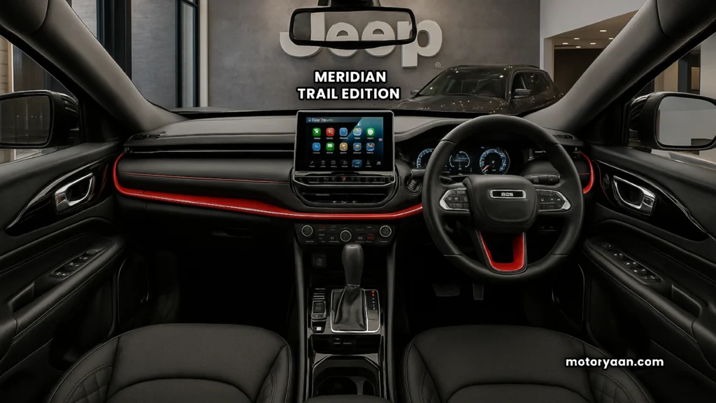 Jeep Meridian Trail Edition dashboard with infotainment system, armrest, and black-red upholstery