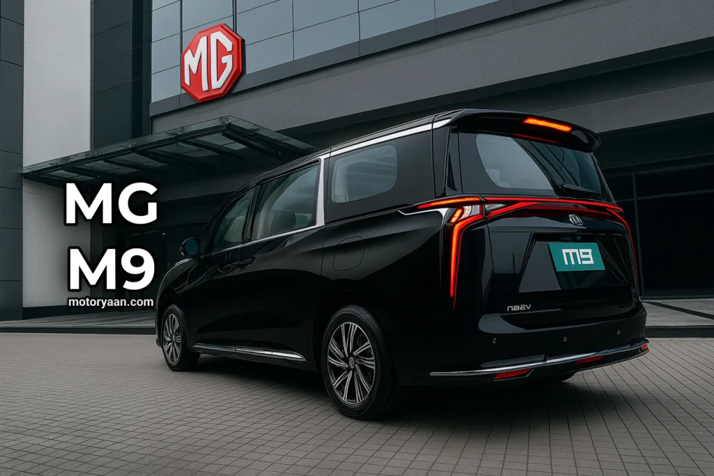 MG M9 EV rear and side view from showroom event
