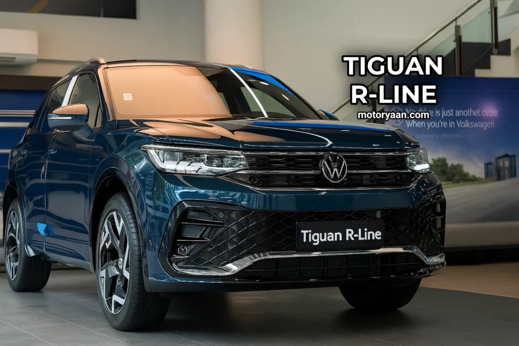 Complete front view of the Volkswagen Tiguan R-Line in a studio setting