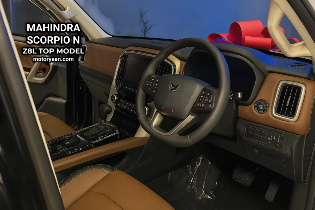 Interior of Mahindra Scorpio N Z8L from driver’s side showing steering, dashboard, infotainment system, and digital cluster.
