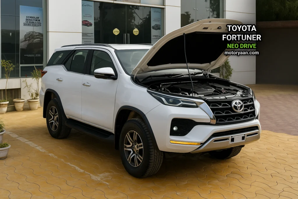 Toyota Fortuner Neo Drive engine bay visible with the bonnet open.
