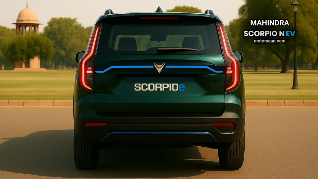 AI-rendered rear view of Scorpio N EV with LED tail-lamps and slatted tailgate.