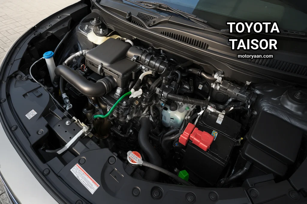 Toyota Taisor engine compartment with visible engine layout and battery