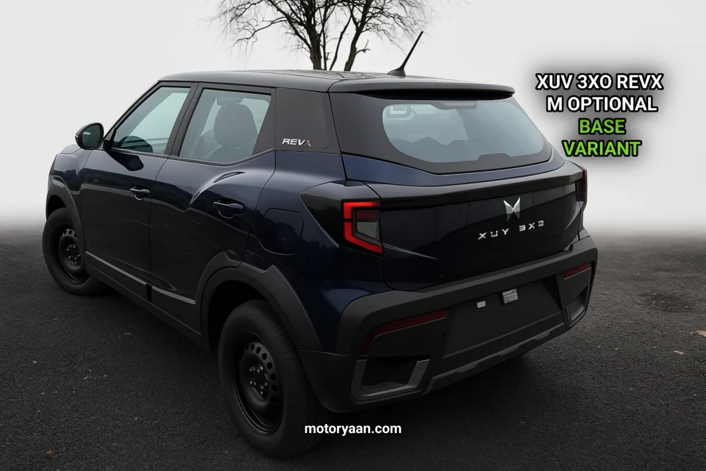 Rear and side view of 2025 Mahindra XUV 3XO REVX M Optional highlighting LED tail-lamps and sporty roofline.