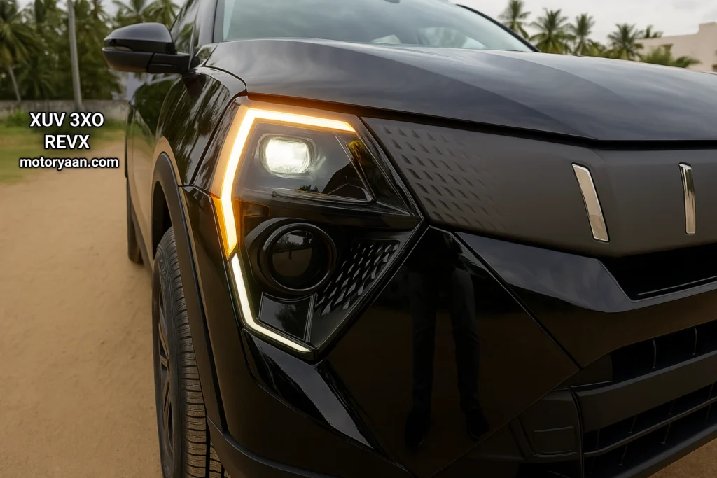 Front grille and LED headlight assembly of 2025 Mahindra XUV 3XO REVX