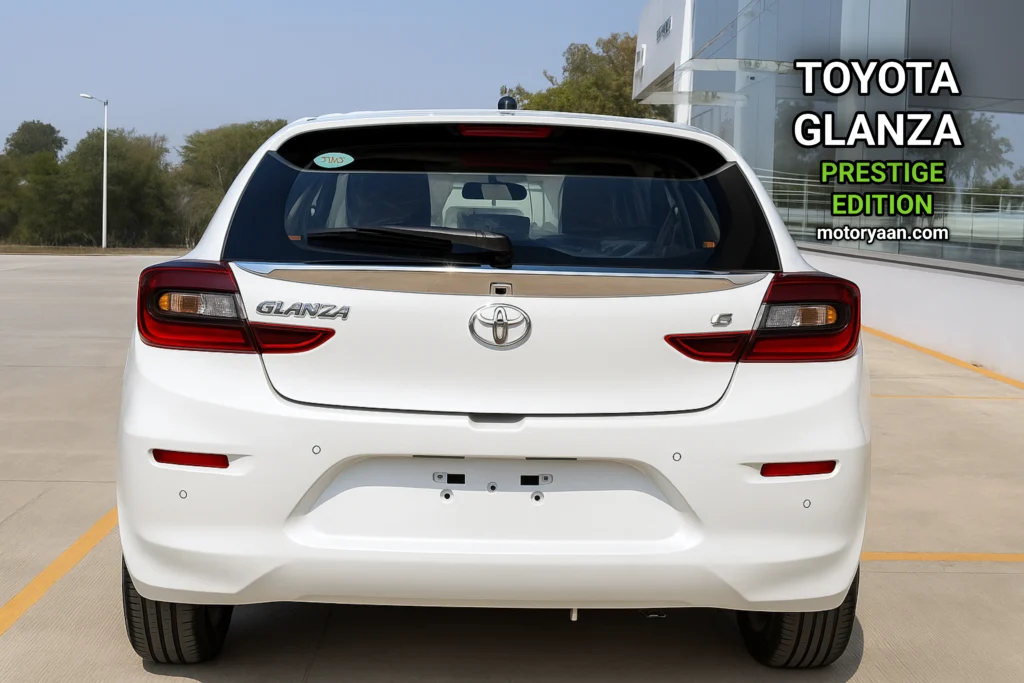 Toyota Glanza Prestige Edition rear profile with crystal tail lamps and rear skid plate