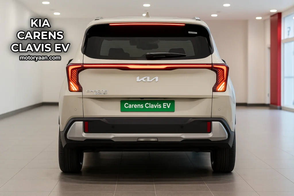 Kia Carens Clavis EV rear profile showing full-width LED tail lamps and bold rear bumper