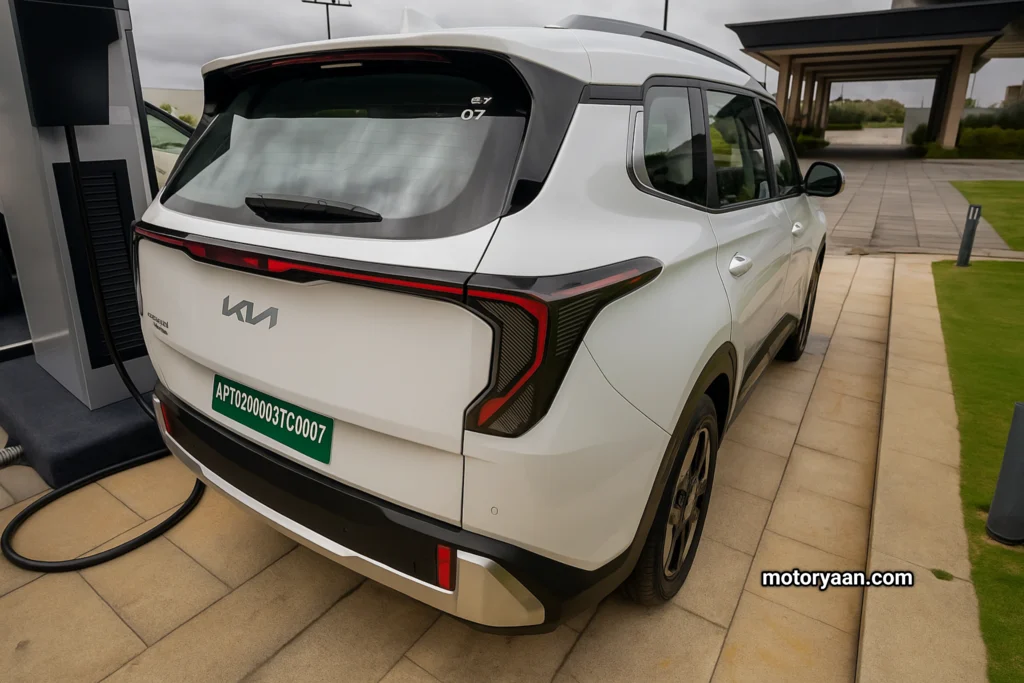 Kia Clavis EV rear and side angle with LED tail lamps
