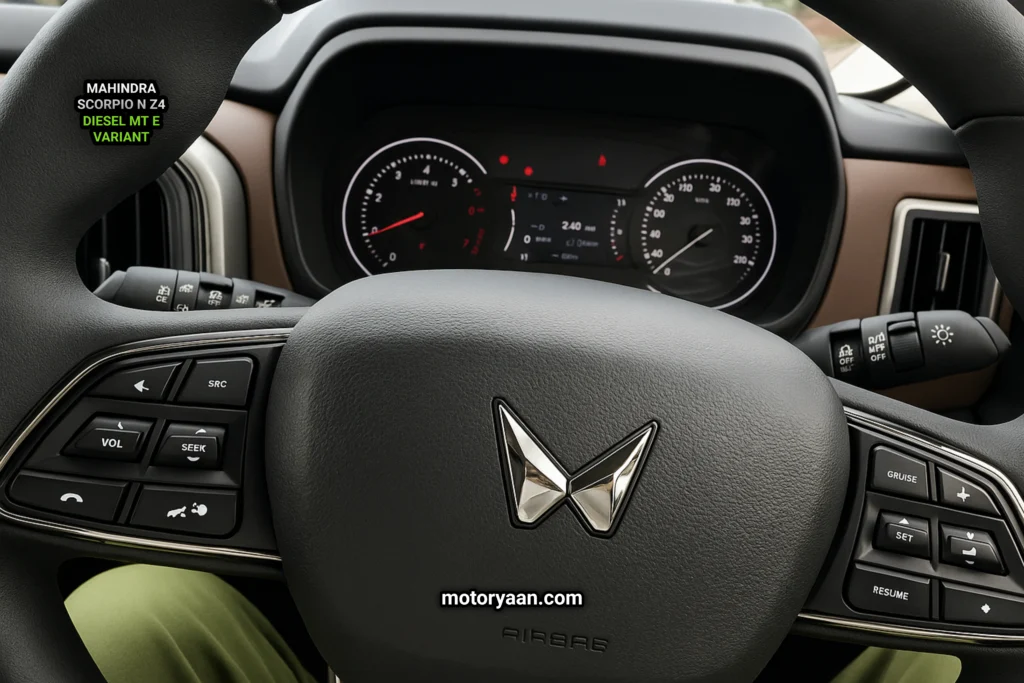 Mahindra Scorpio-N Z4 Diesel MT E steering wheel with mounted controls and digital instrument cluster
