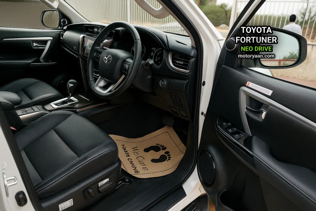 Toyota Fortuner Neo Drive steering wheel with mounted controls, infotainment screen, and instrument cluster.