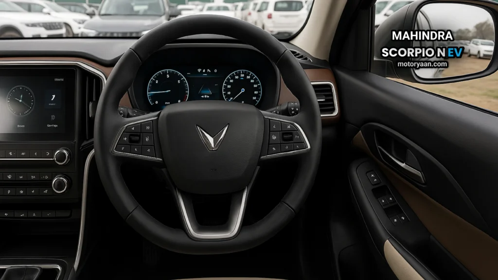 AI-generated interior view of the Scorpio N EV showing dashboard, steering wheel, and center console.