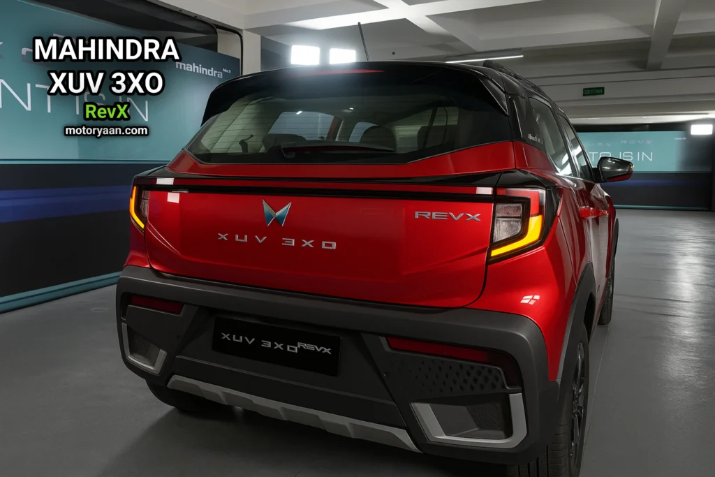 Mahindra XUV 3XO RevX from the side and rear showing connected LED tail lamps